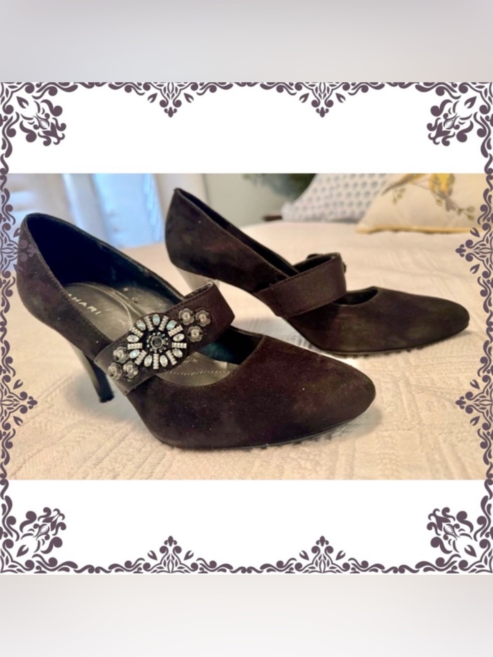 Tahari Size 8.5 Eva heels shoes w/beaded embellishments on strap. Black suede.